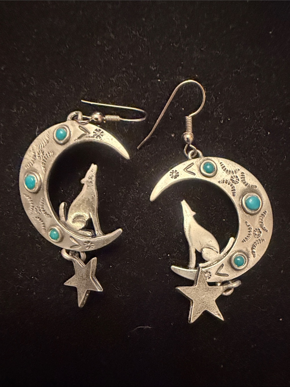 JJ Janette  pewter wolf & Howl Earrings with Turquoise Accents - Womens Jewelry